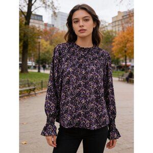 THML Women's Floral Smocked Neck Ruffle Size M Multicolor Long Sleeve Blouse